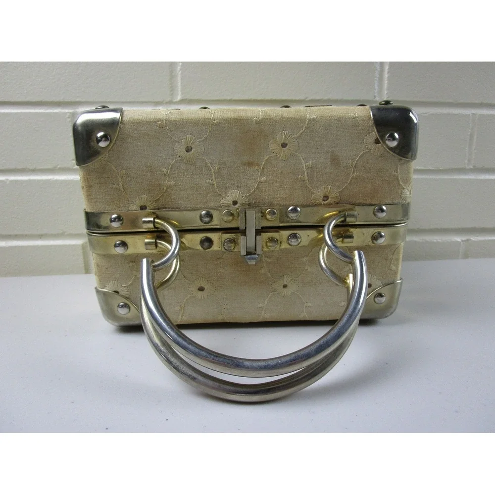 Vintage Fleurette of Miami Split Top Train Case Purse, Italy 1950s Handbag Lined